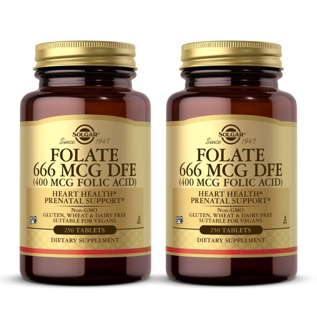 Solgar Folato 666 mcg DFE (Ácido Fólico 400 mcg) - 250 Comprimidos, Pacote de 2 - Apoio pré-natal - Não-GMO, Vegan, Sem glúten, Leite Livre, Kosher - 500 Total de serviços