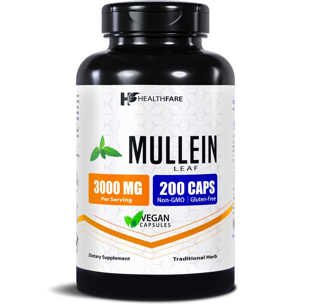 Healthfare Mullein Leaf Extract 3000mg 200 Vegan Cápsulas □ Suplemento de ervas de força extra Suporta Bem-Estar e Equilíbrio