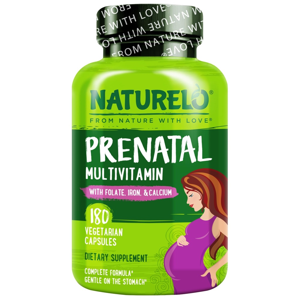 NATURELO Multivitamin pré-natal com ferro quelatado gentil, folato de metilo, planta cálcio & colina - Vegan, Vegetariano - Não-GMO - Glúten Grátis - 180 Cápsulas - 2 Mês de Fornecimento