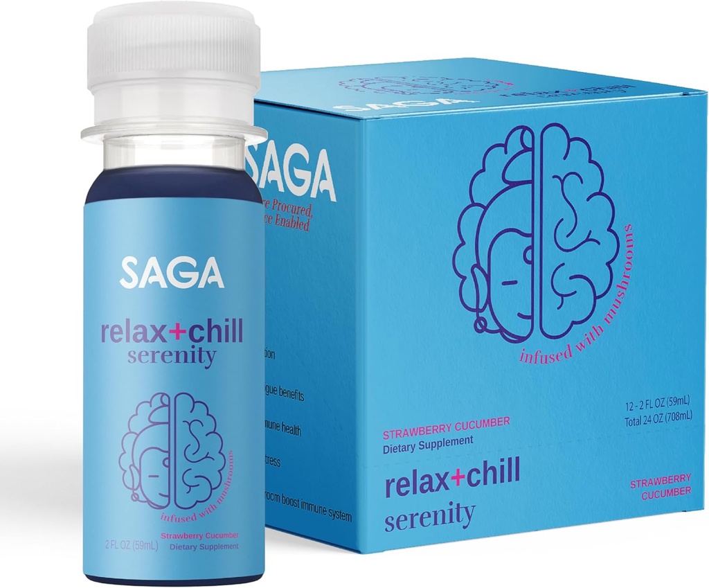 SAGA Organic Relaxation Shots □ Contém Adaptogens & Mushrooms - Mane & Kava do leão □ Alta biodisponibilidade e rápido onset □ Elevate Mood & Reduzir Fadiga □ Strawberry Pepino 2 onças shots (12-Pack)