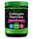 Orgain Colágeno hidrolisado em pó + 50 Superalimentos orgânicos para mulheres e homens, 20g Colágeno de grama com vitamina C, sem sabor - cabelo, pele, unhas, e suplemento de suporte conjunto, Não-GMO, Tipo I & III, 1lb