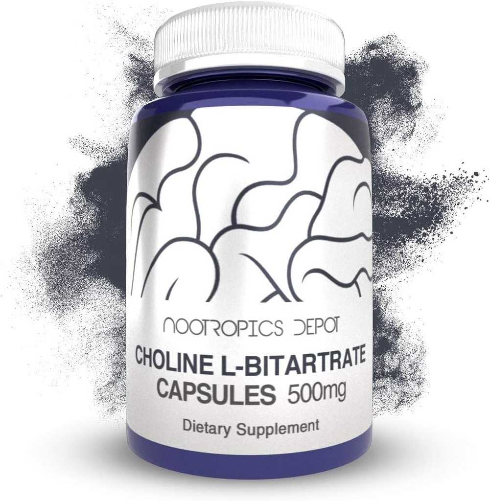 Choline L-Bitartate Cápsulas 500mg (180 Count) □ Suplemento de Choline Suporta Função Cognitiva, Desempenho Mental e Endurance Física
