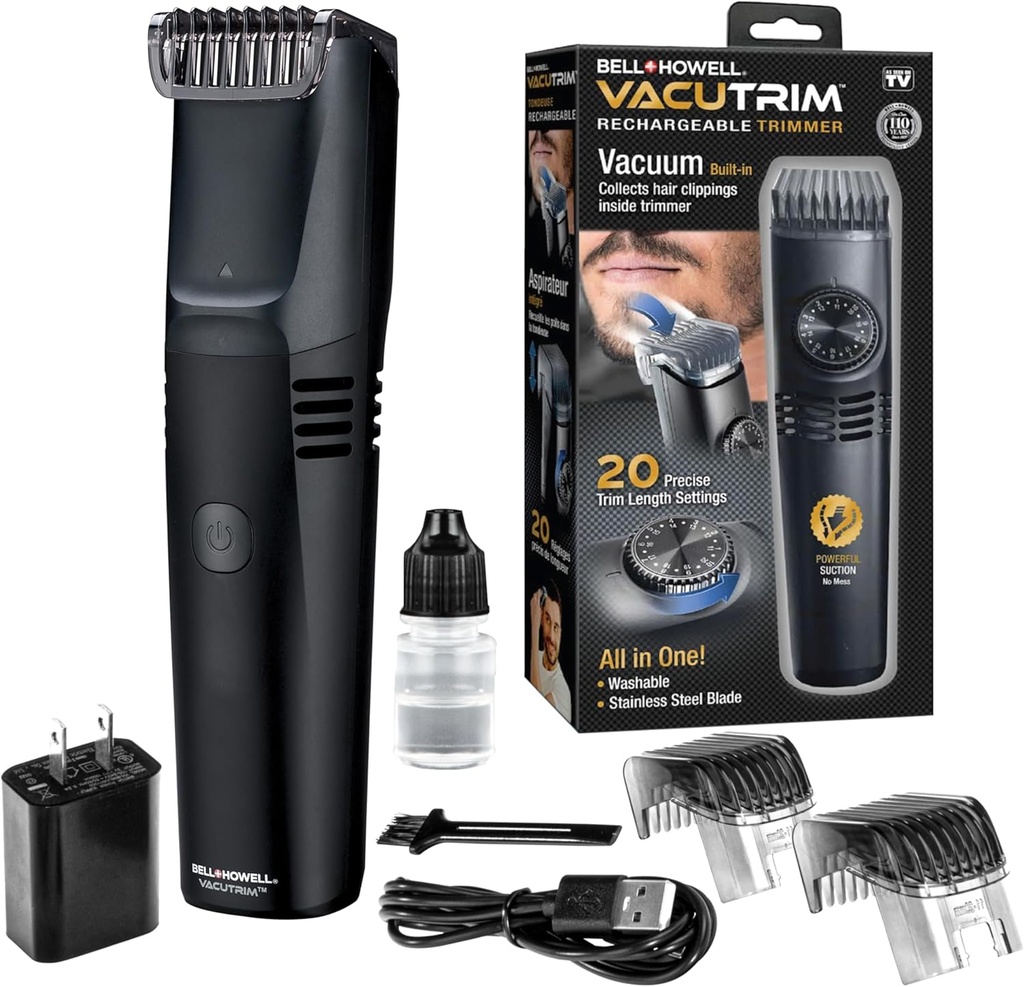 Vacutrim Cordless Mens Barba Trimmer, Shaver elétrico recarregável com 20 Trim ajuste Calibração Dial e embutida a vácuo para bigode, queimaduras laterais. Cabelo facial, Preto, 7.5, Como visto na TV