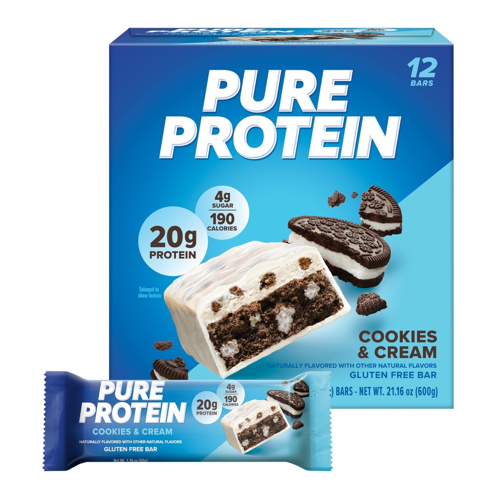 Barras de proteína pura, alta proteína, lanches nutritivos para apoiar a energia, baixo açúcar, sem glúten, biscoitos e creme, 1,76 oz, 12 Pack