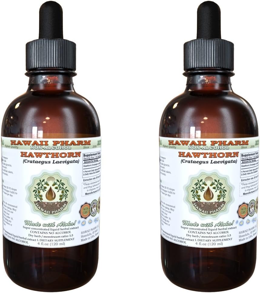 Hawthorn extrato líquido livre de álcool, Hawthorn orgânico (Crataegus Laevigata) Folha seca, flor orgânica e Glicerite de haste Havaí Pharm Suplemento de ervas naturais 2x4 oz