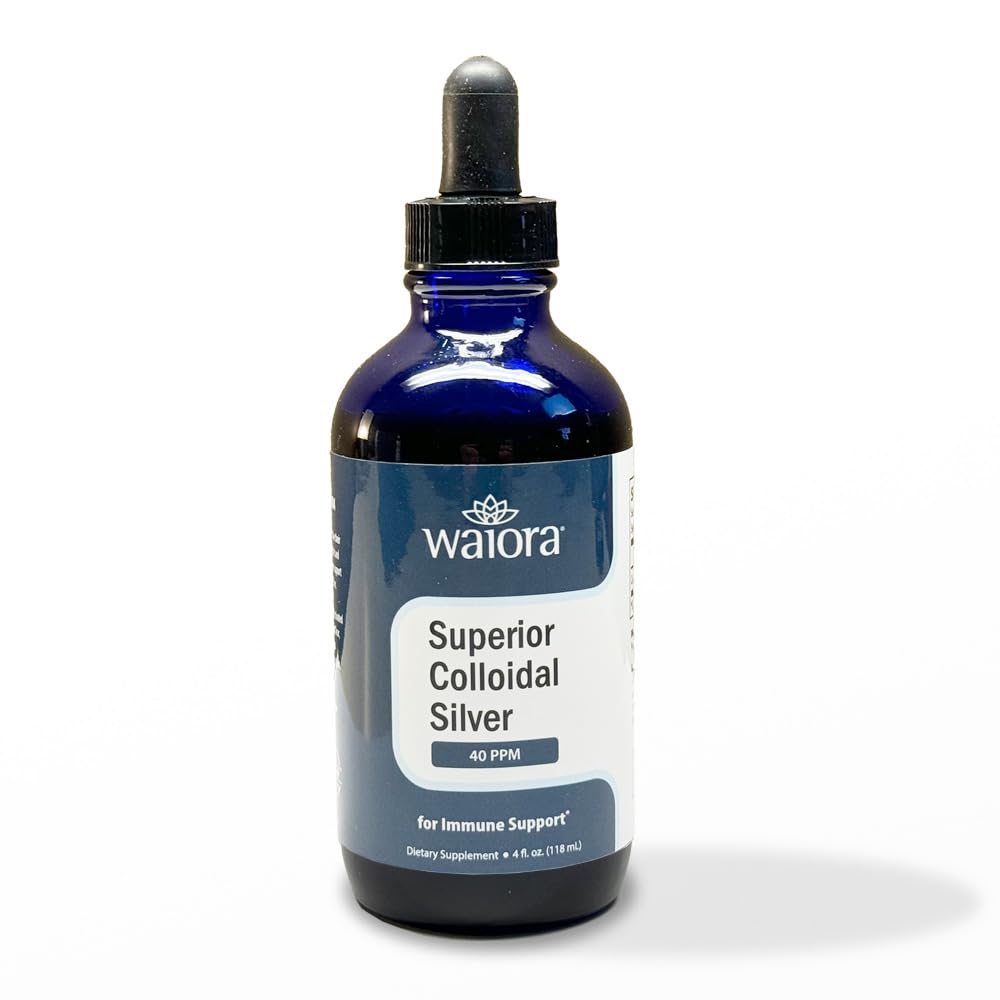 Prata Colóide Superior, Waiora, Suplemento Mineral Líquido, 40 PPM, para suporte imunológico, Garrafa de vidro azul com Dropper (1 bott/22 serv.)