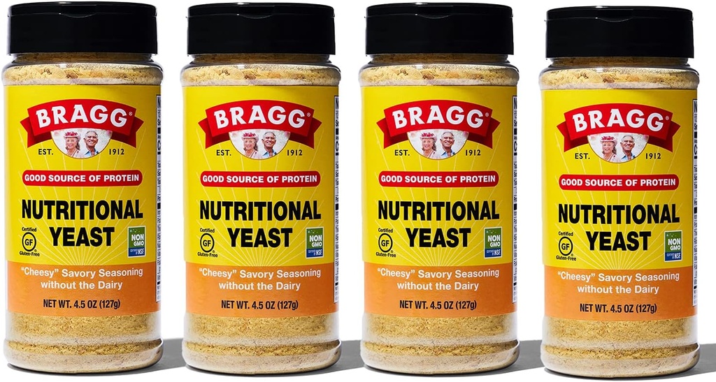 Bragg Nutricional Levedura tempero – Vegan, Gluten Free Cheese Flakes – Boa fonte de proteínas e vitaminas – Nutritic Savory Parmesan Cheese Substitute – Não OGM Verificado, 4,5 Onça, 4-Pack