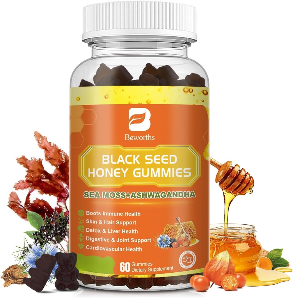 Pastilhas de musgo do mar de semente preta com Ashwagandha, Root Burdock, Linden Honey, Elderberry, Açafrão, Vitamina C, D3 & Zinco - Suporta Imunidade, Juntas, Digestão, Cabelo & Pele, Gummies Vegan 60 Condes