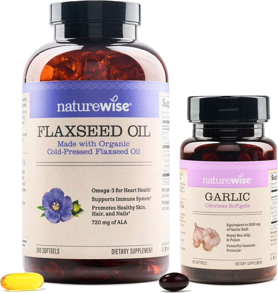 NatureWise Organic Flaxseed Oil Max 720mg ALA - Óleo de Linho de maior potência Omega 3 Alho Odorless Softgels 1500mg Suporte dentes e saúde do sistema imunológico