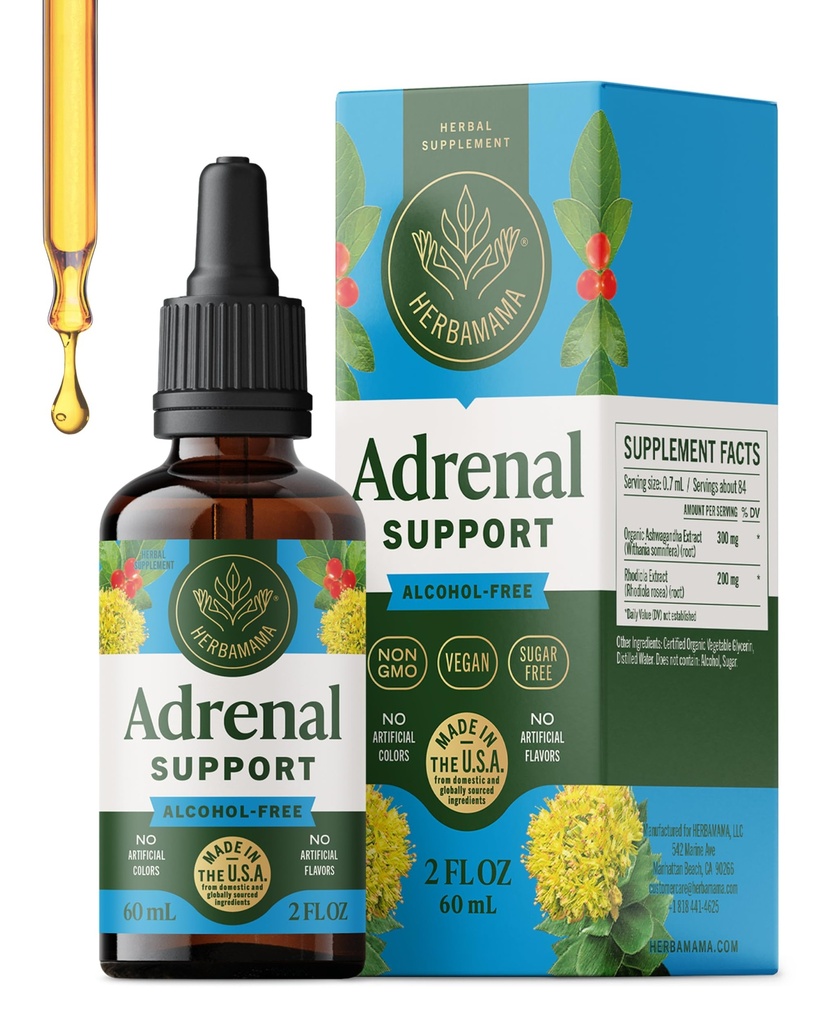 HERBAMA Adrenal Support Liquid Drops - Tintura Vegan Adrenal com Ashwagandha Root & Rhodiola Rosea Extract - Não-GMO, Álcool & Suplemento sem açúcar - Fonte 28-dia