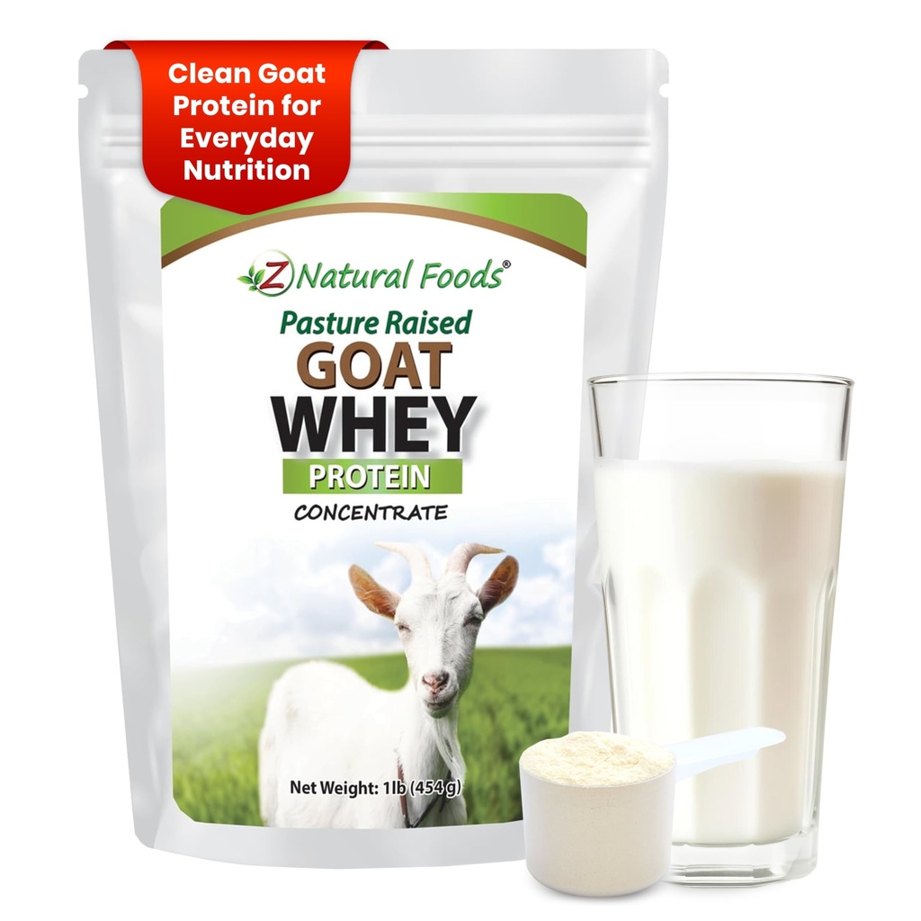 Z alimentos naturais cabra Whey proteína pó concentrado - sem desnaturação, sem sabor, Pastura levantada Whey - Pó de proteína de cabra limpa com proteínas vitais para o gerenciamento de peso, suporte imunológico, Fitness, 1 lb