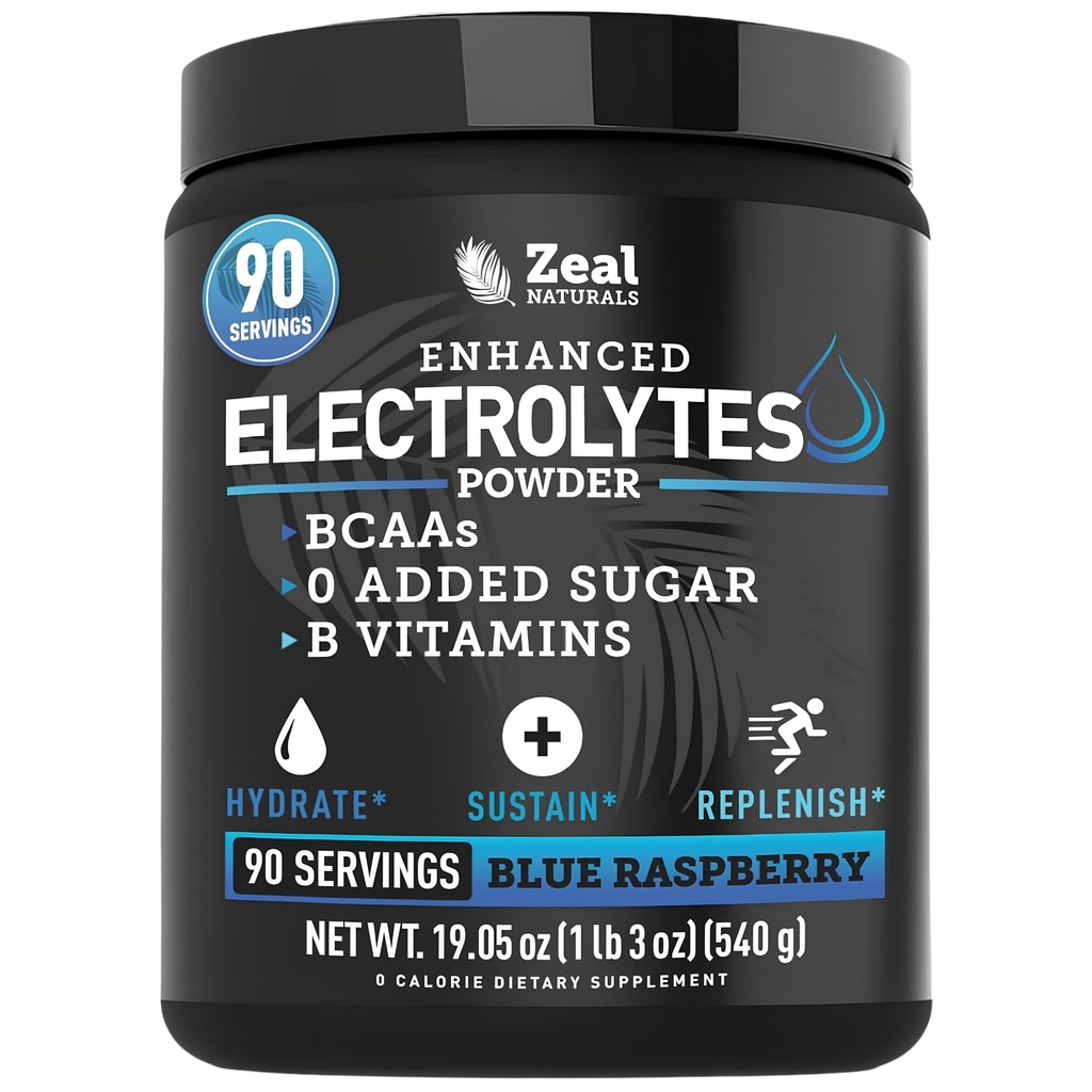 Zeal Naturals Electrolyte Powder Recovery Drink (90 Servings ) w 0 Açúcar + BCAAs + B-Vitamins Eletrolyte Supplement w Potassium Zinc & Magnésio para Hidratação - Keto Electrolytes