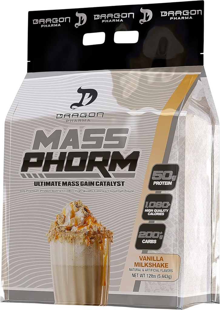 DRAGON PHARMA Mass Phorm, Ultimate Mass Gain Catalyst, 50g Protein Matrix, 200g de carboidratos complexos, mais de 1.000 calorias por serviço (20 Servings, Baunilha Milkshake)