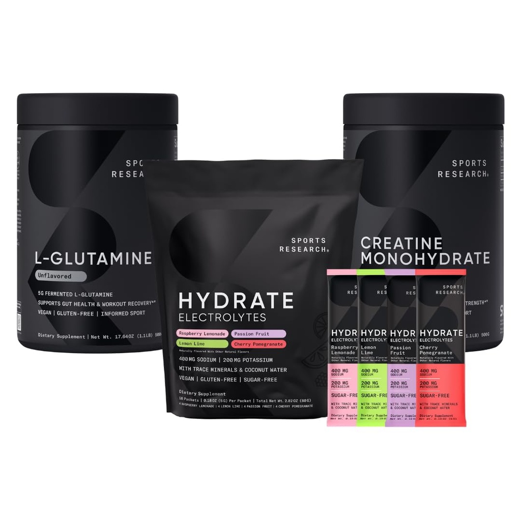 Pesquisa Desportiva L-Glutamina (1,1 lbs), Açúcar-Livre Naturalmente Aromados Eletrolíticos Hidratados 16x Variedade Packets e Creatina Monohidrato (1,1 lbs)