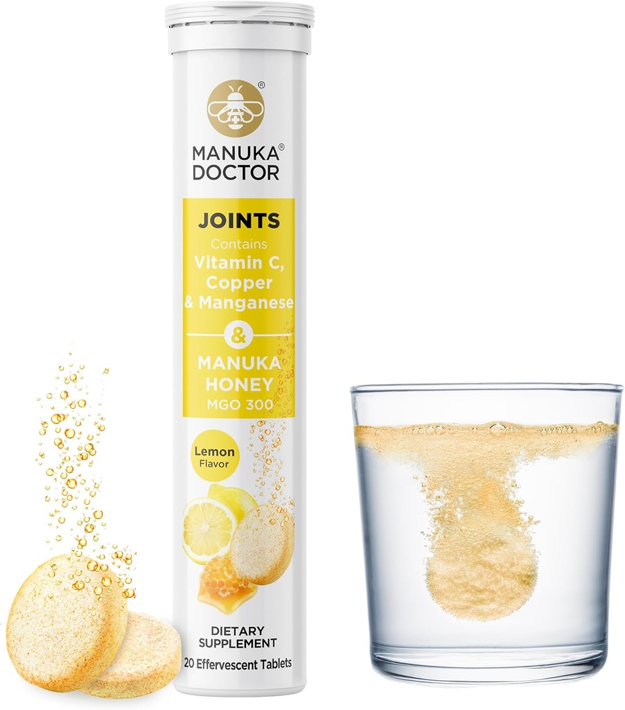 Manuka Doctor Joints* Suplemento de suporte conjunto diário com mel Manuka, vitamina C, cobre e manganês para promover a saúde conjunta, sabor limão, 20 comprimidos efervescentes