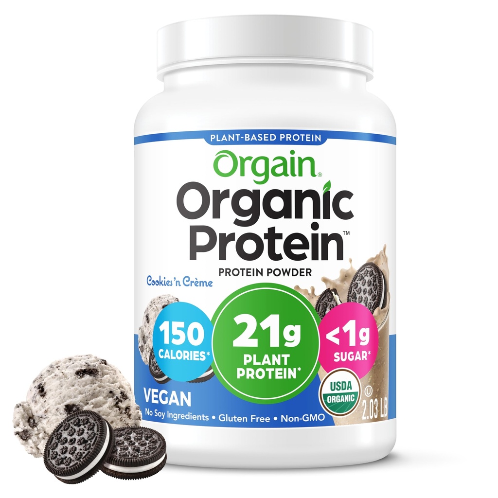 Orgain Organic Vegan Protein Powder, Cookies & Cream - 21g Proteína Baseada em Plantas, 7g Fibra Prebiótica, Baixo Carb Net, Sem Ingredientes Lactose, Sem Açúcar Adicionado, Não-GMO, Para Shakes & Smoothies, 2.03 lb