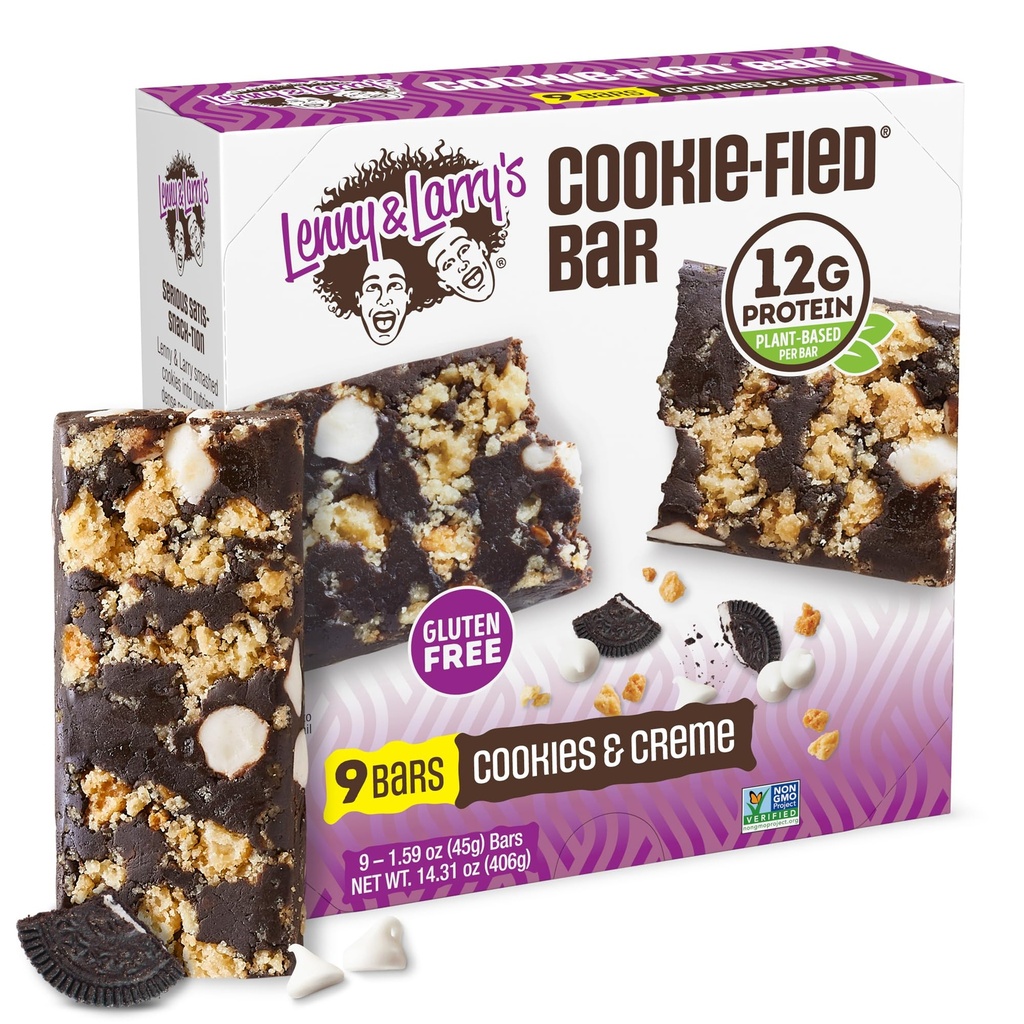 Lenny & Larry's Cookie-fied Protein Bar – Cookies & Creme Vegan Protein Bars 9x45g – Snacks saudáveis com 12g de proteína vegetal & 5g de fibra – Gluten Free Power Bar, Keto Friendly, Não-GMO & Vegan