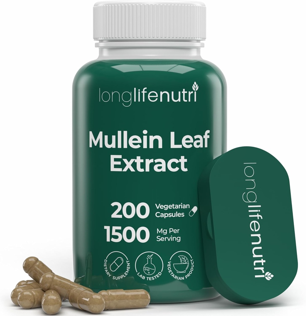 LongLifeNutri Mullein Folha 1500mg 10:1 Extrato - 200 Cápsulas Vegetarianas, de Pó de Folha de Mullein Orgânico, Suplemento de ervas para cuidados respiratórios, Fornecimento de 2 meses, Não-GMO, Certificado GMP, Made in USA