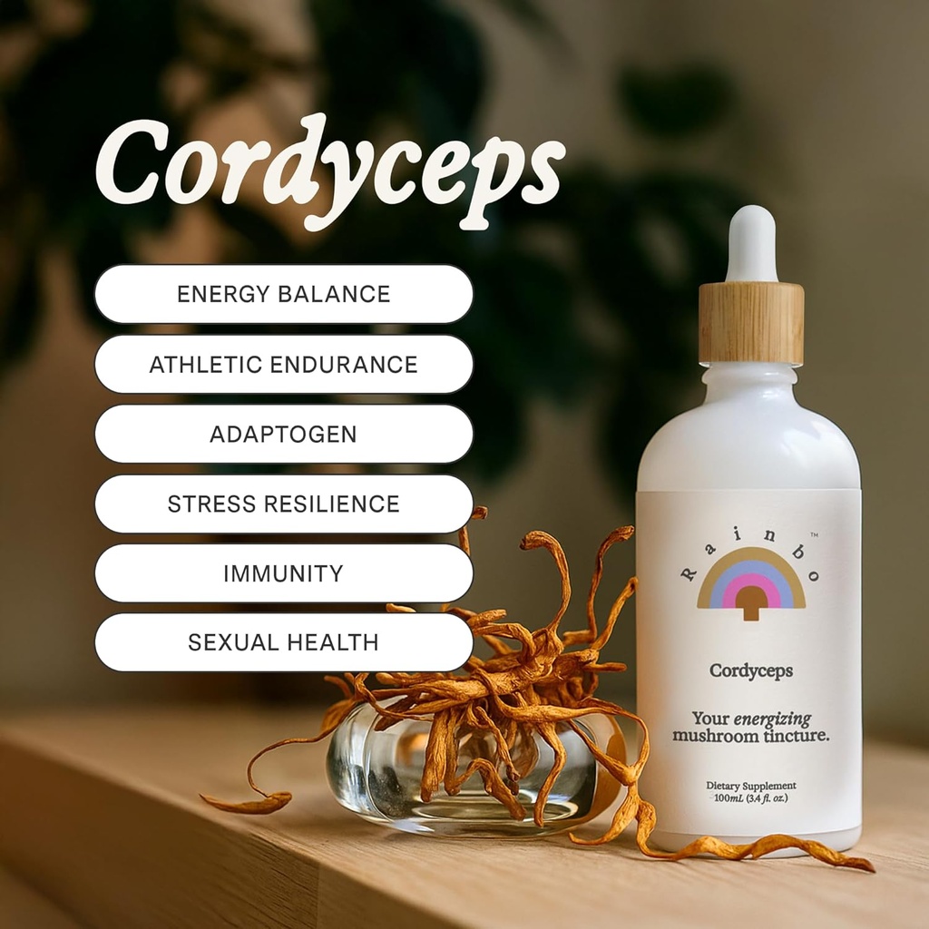 Rainbo - Cordyceps Mushroom Tintura - Dual Extract Mushroom Supplement - Imune Support, Energia, Liquid Cordyceps Supplement, Vegan, Non GMO, 3.4 fl oz