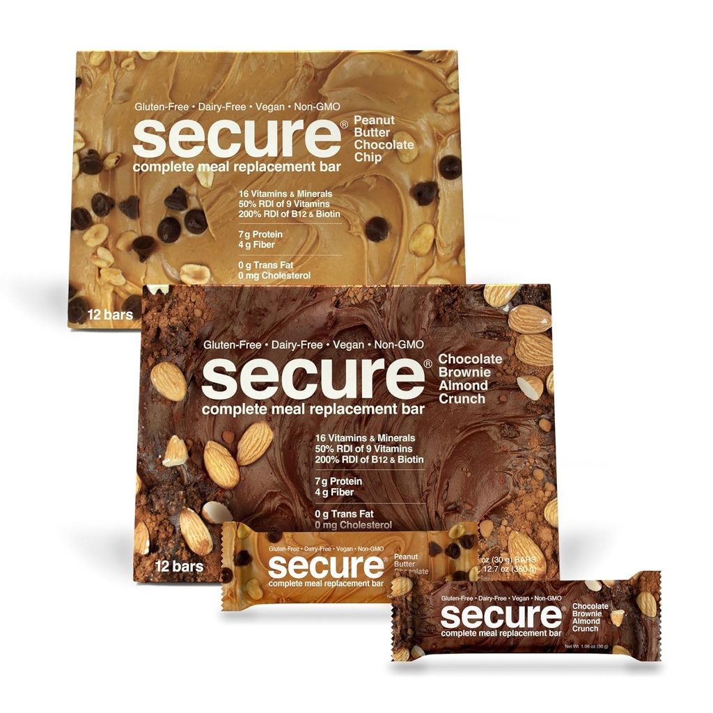 ANDREW LESSMAN Secure Complete Replacement Bars - 7g Vegan Protein Bars. Inulin Fibra. Low Calorie, Gluten and Dairy-Free 24, Variety Pack: Chocolate Brownie and Peanut Butter Chocolate Chip)