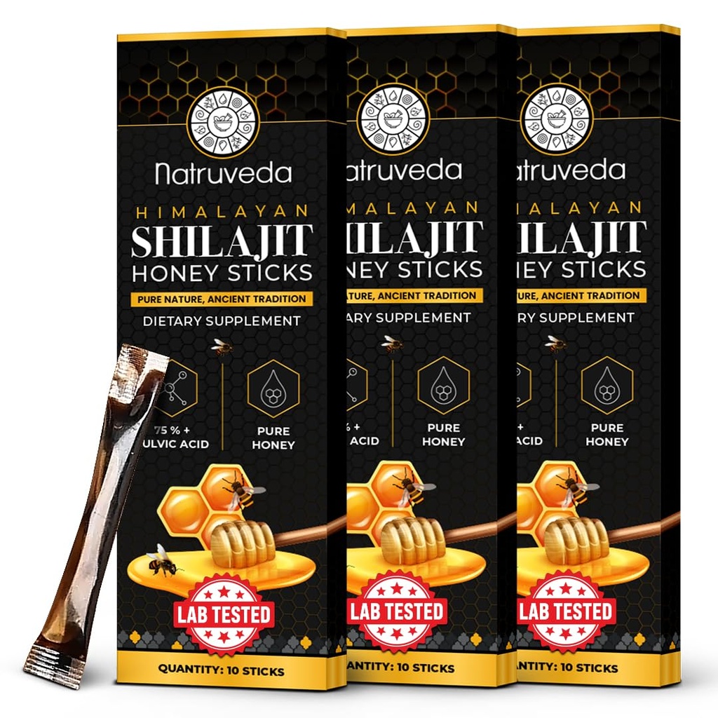 Himalayan Shilajit Honey Sticks para homens e mulheres - 75%+ Ácido Fulvico & Trace Minerals - Mel cru, açafrão e Himalayan Shilajit Resin - resistência, desempenho e suporte energético - (Pacote de 30)