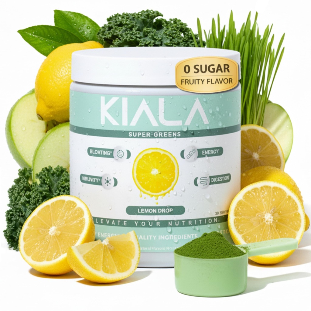 Kiala Nutrition Super Verdes, Verdes Orgânicos Pó com espirulina e chlorela para digestão, Gut Health, Imunidade, Energia, Glúten Livre, Vegan, Açúcar Livre, Mistura Spectra, Lemon Drop, 30 Servings