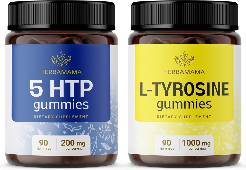 HERBAMAMA L-Tirosina e Brain Support Kit - Pacote de 200 mg 5-HTP e 1000 mg L-Tirosina Gummies - Vegan, Não-GMO, Gelatina-Free - 2 Pack