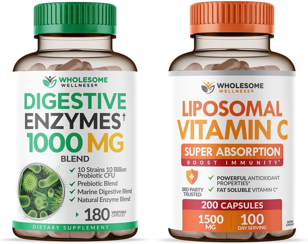 Enzimas Digestivas de Bem-Estar Saudáveis 1000MG Plus Prebióticos e Probióticos + Cápsulas de vitamina C lipossomais (200 comprimidos 1500mg tampão)