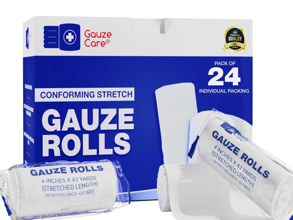 Gaze Rolls Pack de 24 – Premium Quality Lint e Latex-Free 4 polegadas x 4,1 Yards Conforming Stretch Bandages Projetado para um cuidado eficaz da ferida e conforto - Ideal para uso como um envoltório de Múmia