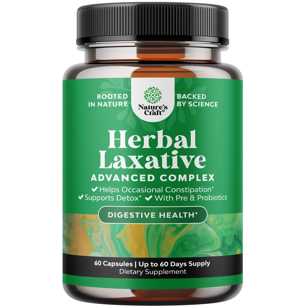 Cápsulas Laxativas de Ervas com Probióticos – Laxantes Naturais para Obstipação com Folha de Senna, Psilium, Aloe Vera – Limpeza de Colón para Mulheres e Homens - Detox para Gestão de Gut Saúde e Peso – 60 Ct