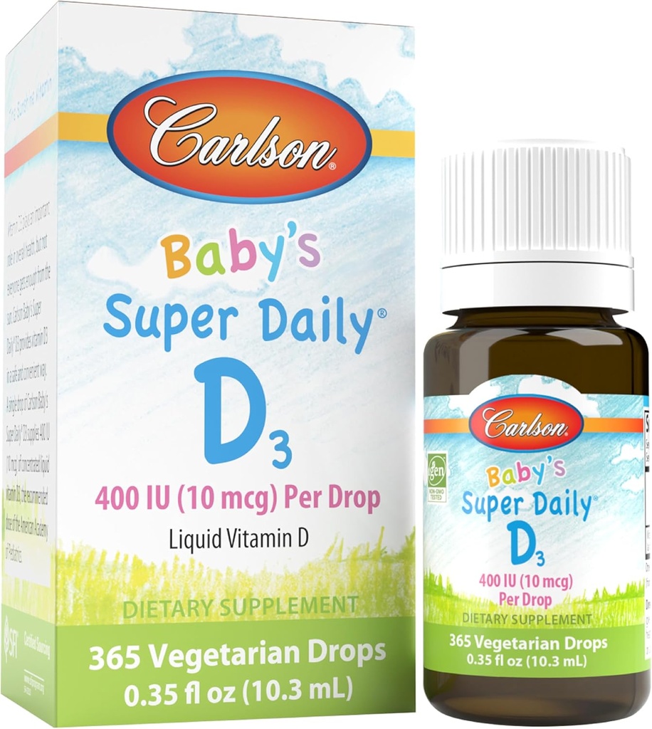 Carlson - Super Diário do Bebê D3, Vitamina D do Bebê Drops, 400 UI (10 mcg) por gota, Fornecimento de 1 ano, Vegetariano, Vitamina D Líquida para lactentes e crianças, Sem sabor, 365 gotas