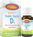 Carlson - Super Diário do Bebê D3, Vitamina D do Bebê Drops, 400 UI (10 mcg) por gota, Fornecimento de 1 ano, Vegetariano, Vitamina D Líquida para lactentes e crianças, Sem sabor, 365 gotas