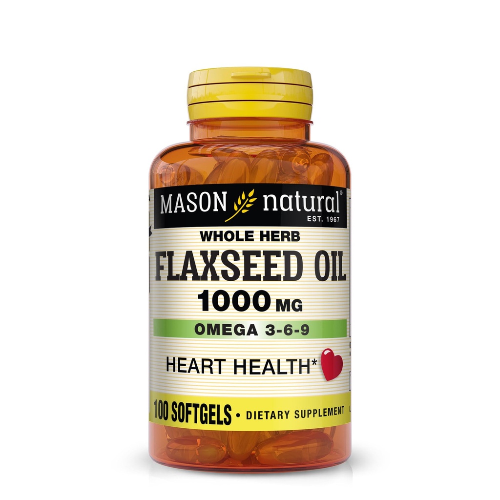 MASON NATURAL Flaxseed Oil 1000mg – Omega 3-6-9 Softgels para a saúde do coração – Frio-Pressed suplemento de ervas inteiras – sem glúten, não-GMO, 100 Softgels