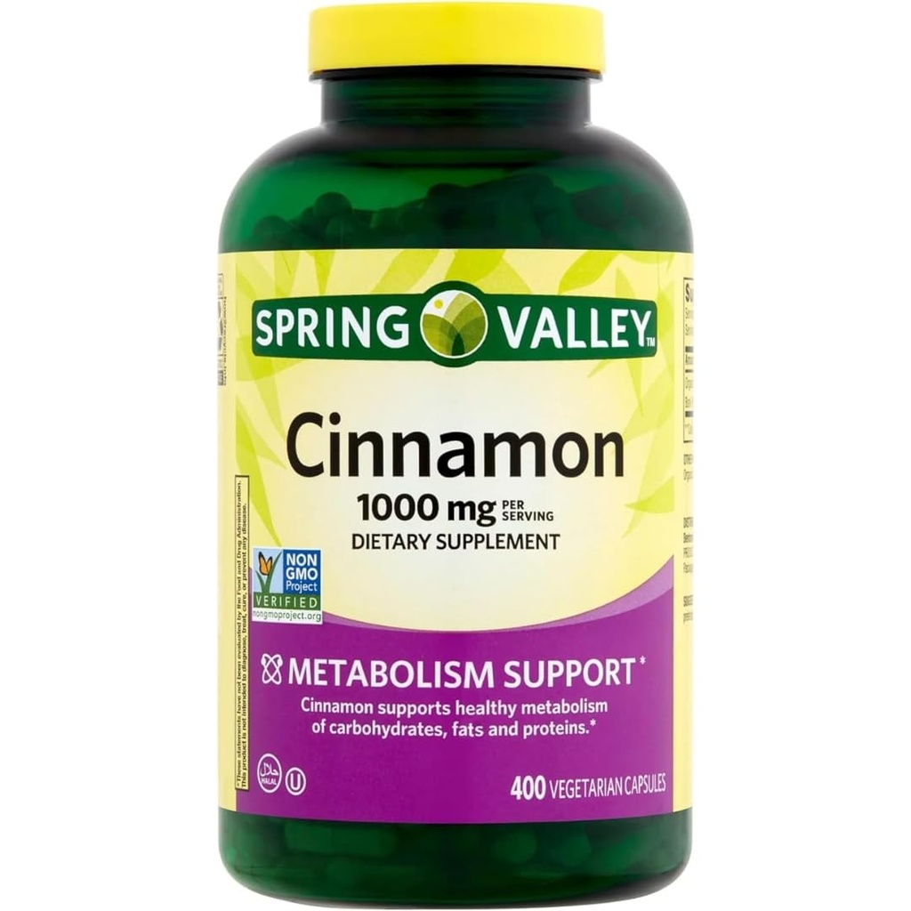 Spring Valley Canela Suplemento Dietário, 1000 mg, 400 Cápsulas Vegetarianas - Apoio ao Metabolismo. Inclui o adesivo.