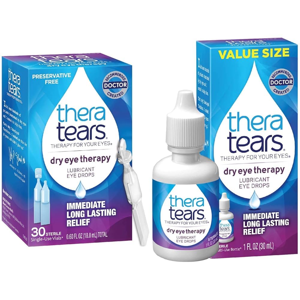TheraTears Dry Eye Therapy Lubricating Eye Drops para Olhos Secos, Preservative Free Eye Drops, 30 Frascos para Uso Único e Seco Eye Therapy Eye Drops para Olhos Secos, 1.0 Fl Oz