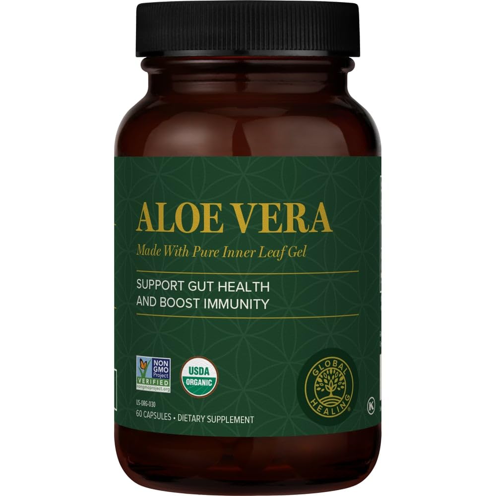 Global Healing Aloe Vera Bio-Active Organic Leaf Supplement - 200x Fórmula Concentrada com Maior Concentração de Acemanan - Aloin-Free - Gut Health & Imune Support - 60 Cápsulas