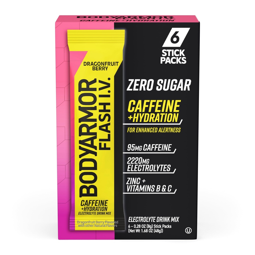 BODYARMOR Flash Cafeinado I.V. Electrolyte Packets - Dragonfruit Berry - Zero Sugar Energy Drink Mix, Pacotes de serviço único, Hidratação para pré-treino, Essenciais de viagem, Estilo de vida ativo (6 Conde)