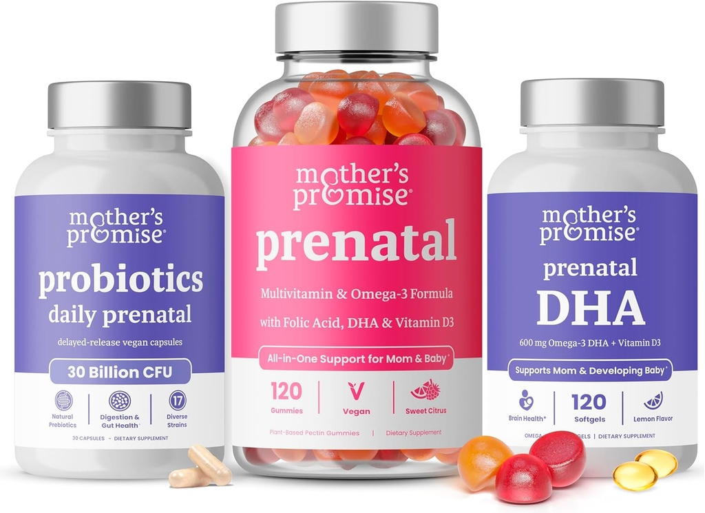 Promessa da mãe chicletes de vitamina pré-natal + pré-natal DHA e pré-natal Probióticos Bundle