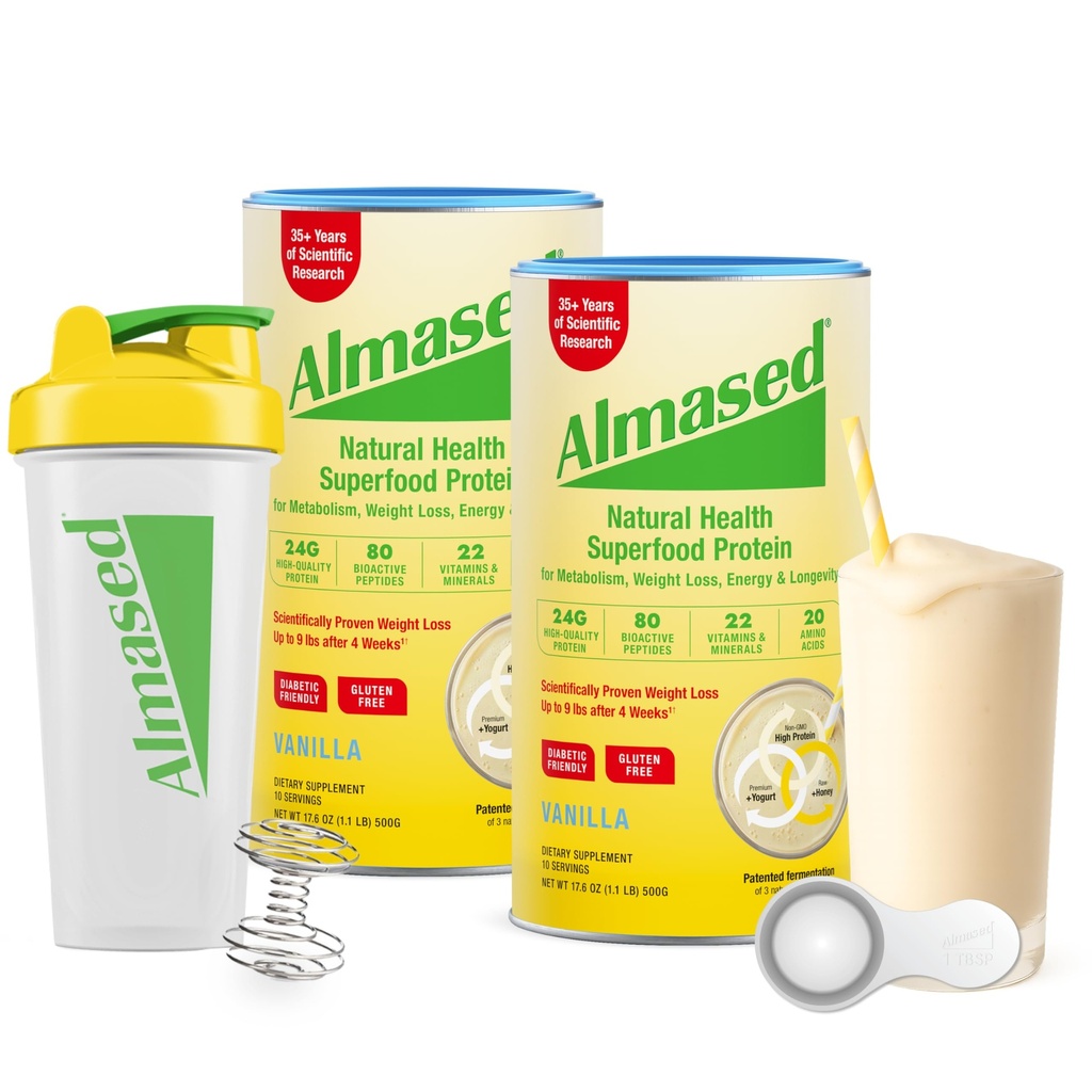 Almased Replacement Shakes for Weight Loss - Protein Powder - Starter Kit (Flavor de baunilha de amêndoa, 2 latas de 17,6 onças + Shaker Bottle + Scoop)