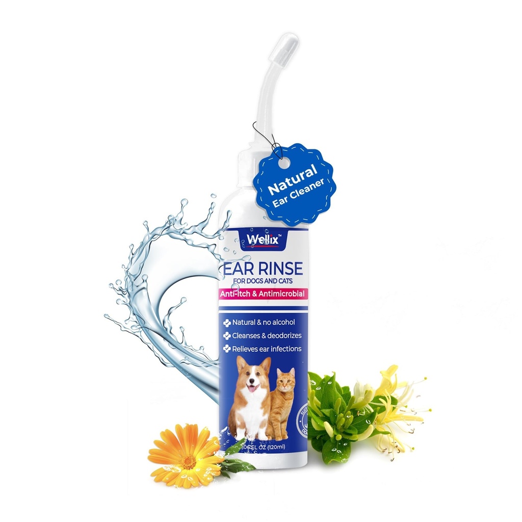 Wellix 120ml limpador de ouvido para cão e gato - tratamento de infecção do ouvido sem irritação - lavagem do ouvido do cão para alívio do prurido e inflamação calmante - cera do ouvido, pó e gotas de remoção de Odor