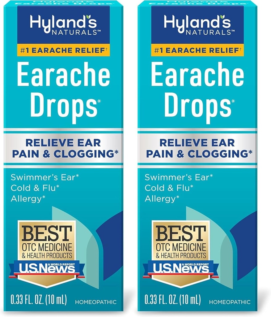 Gotas de dor de ouvido de Hyland, alívio natural do ouvido de nadador, frio e gripe, sintomas de alergia, idade 4 e até: (2 embalagem)
