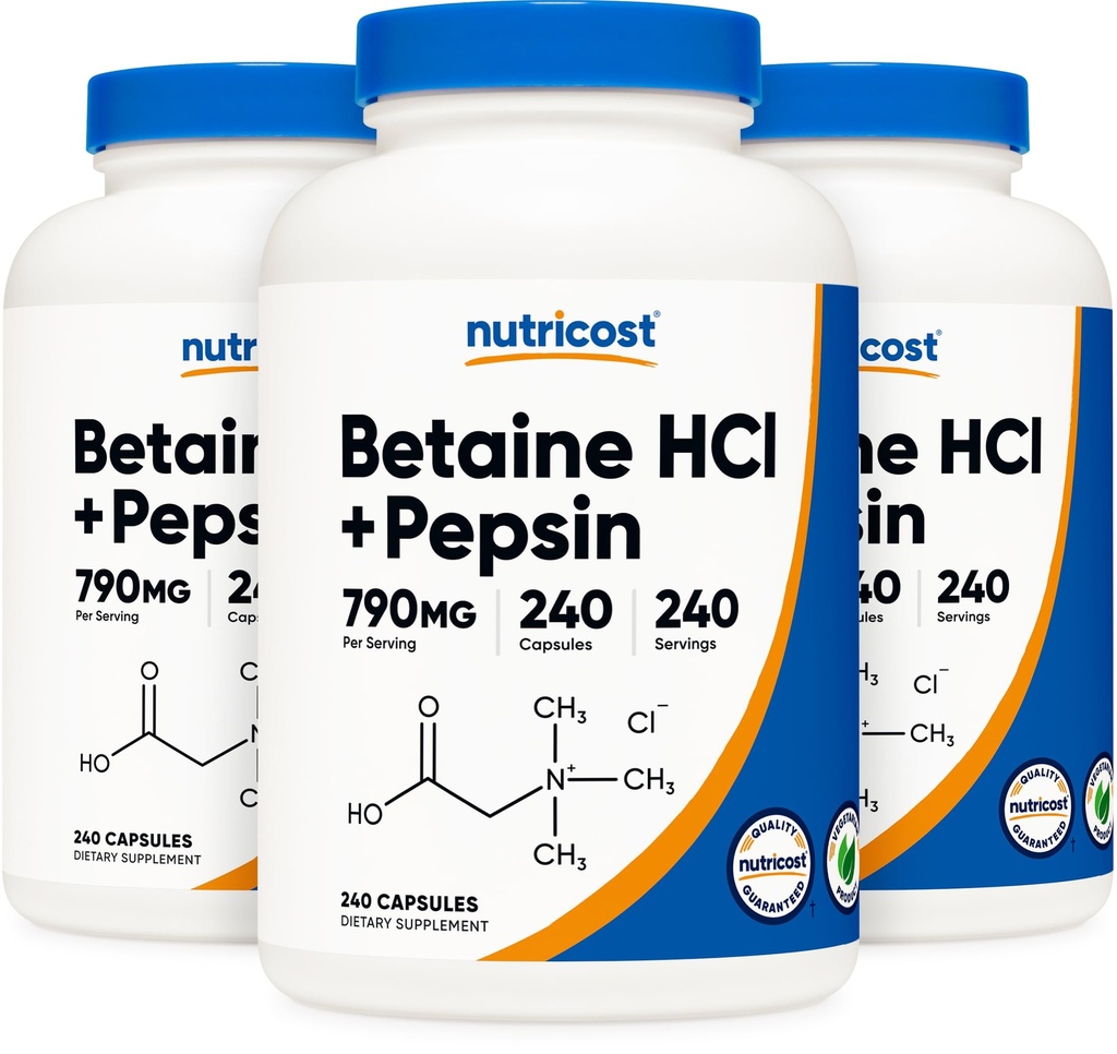 Nutricost Betaine HCl + Pepsin 790mg, 240 cápsulas, 3 frascos (720 cápsulas)