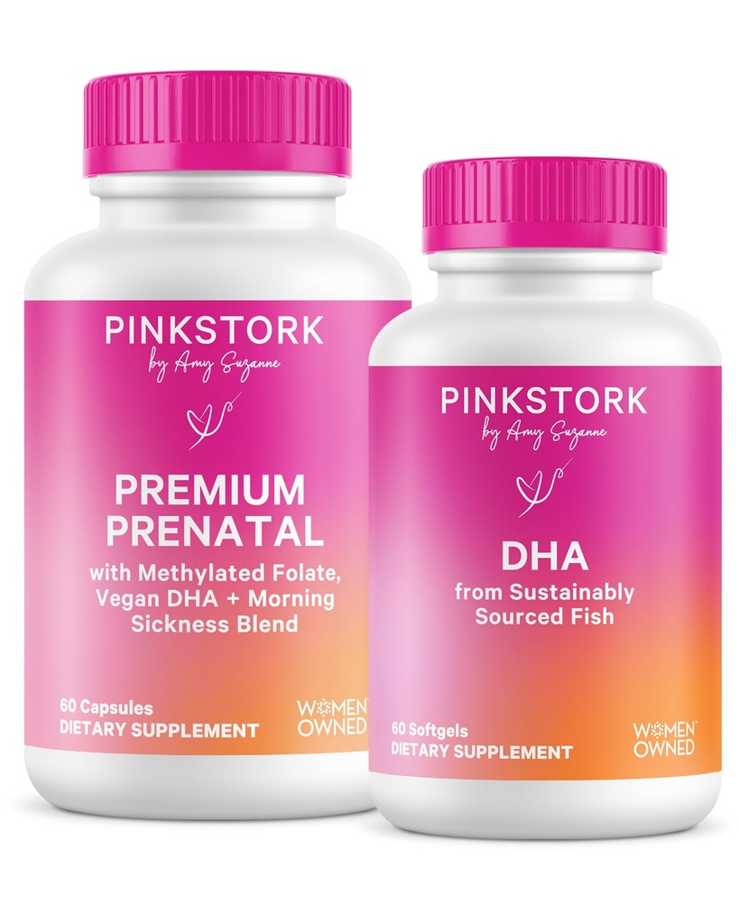 Cegonha Rosa Premium Duo Pré-natal: Vitamina Prenatal Premium + DHA, Probióticos Pré-Natais para Mulheres, Ómega 3 + Óleo de Peixe, Vitamina Pré-Natal com DHA e Ácido Fólico, Probióticos Mulheres