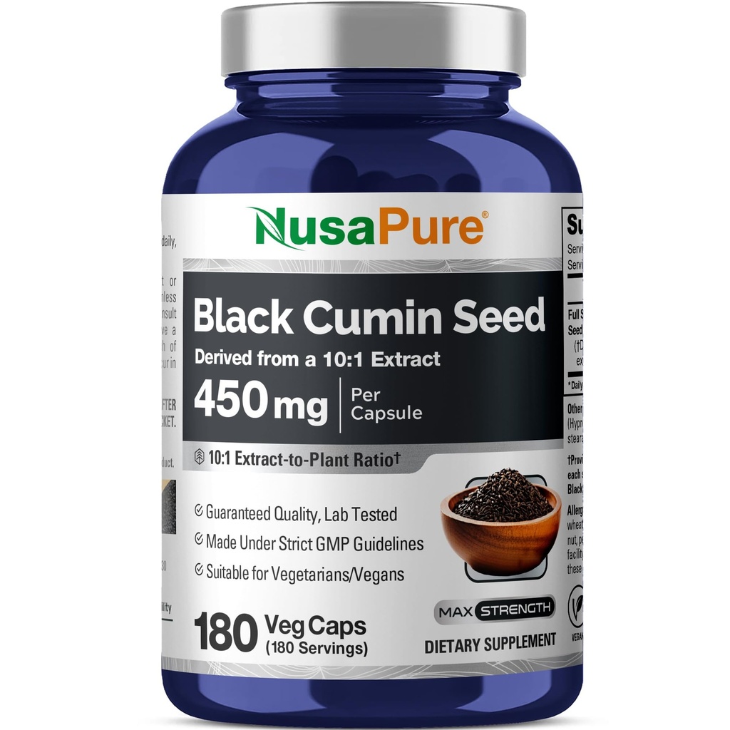 NusaPure Full Spectrum Black Cumin Seed 10:1 Extract, 450 mg Equivalente a 4,500mg 180 Veggie Powder Caps Non-GMO, Vegan Non-Oily