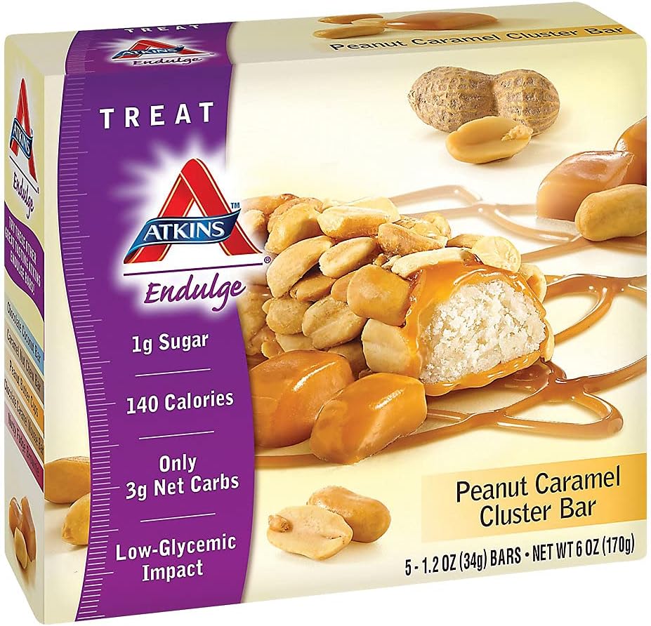 Atkins Amendoim Caramel Cluster Bar, Sobremesa Favorito, Alta em Fibra, 3g de Carb Net, 1g de açúcar