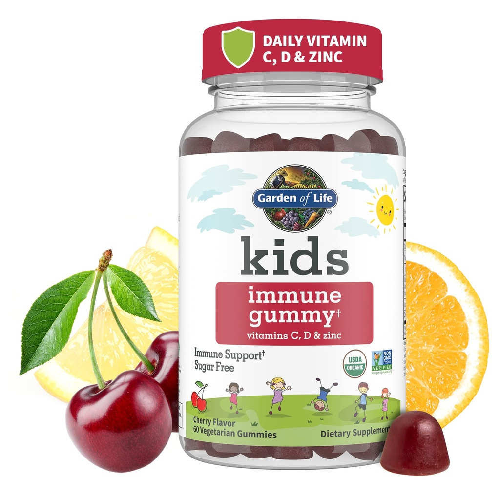 Jardim da vida Crianças gomas de apoio imune com vitamina C, D como D3 & Zinco para 3-em-1 Imunidade diária das crianças – Orgânico, Não-GMO, Sem glúten, Vegetariano, Açúcar livre, Flavor de cereja, 30 dias de fornecimento