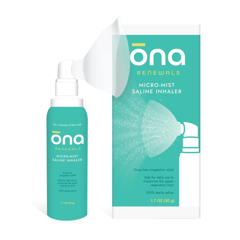ONA Renovações Salino Micro-Mista Nasal Inhaler, Alívio de Congestão para Adultos, Frio e Gripe, Alergia, Alívio Sinus, Inacente, 1,7 oz