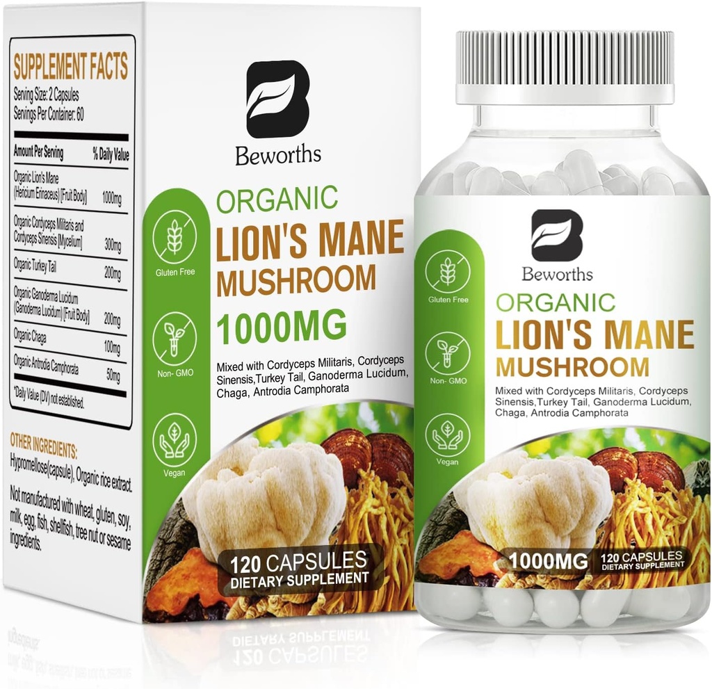 Leon's Mane Mushroom - 120 Cápsulas Leões Orgânicos Mane Turquia cauda Mushroom Supplement Complex Orgânico Cordyceps, Chaga, Turquia Tail, Reishi