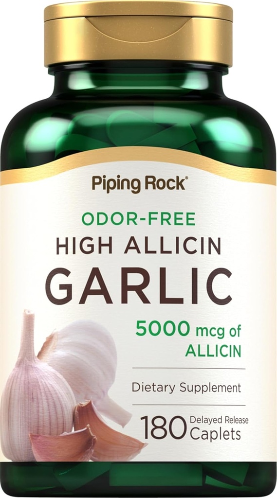 Pílulas de alho sem cheiro de rocha de pipeamento com alta alícino, 180 Caplets, Odor Free, Vegetarian, Non-GMO, Gluten Free