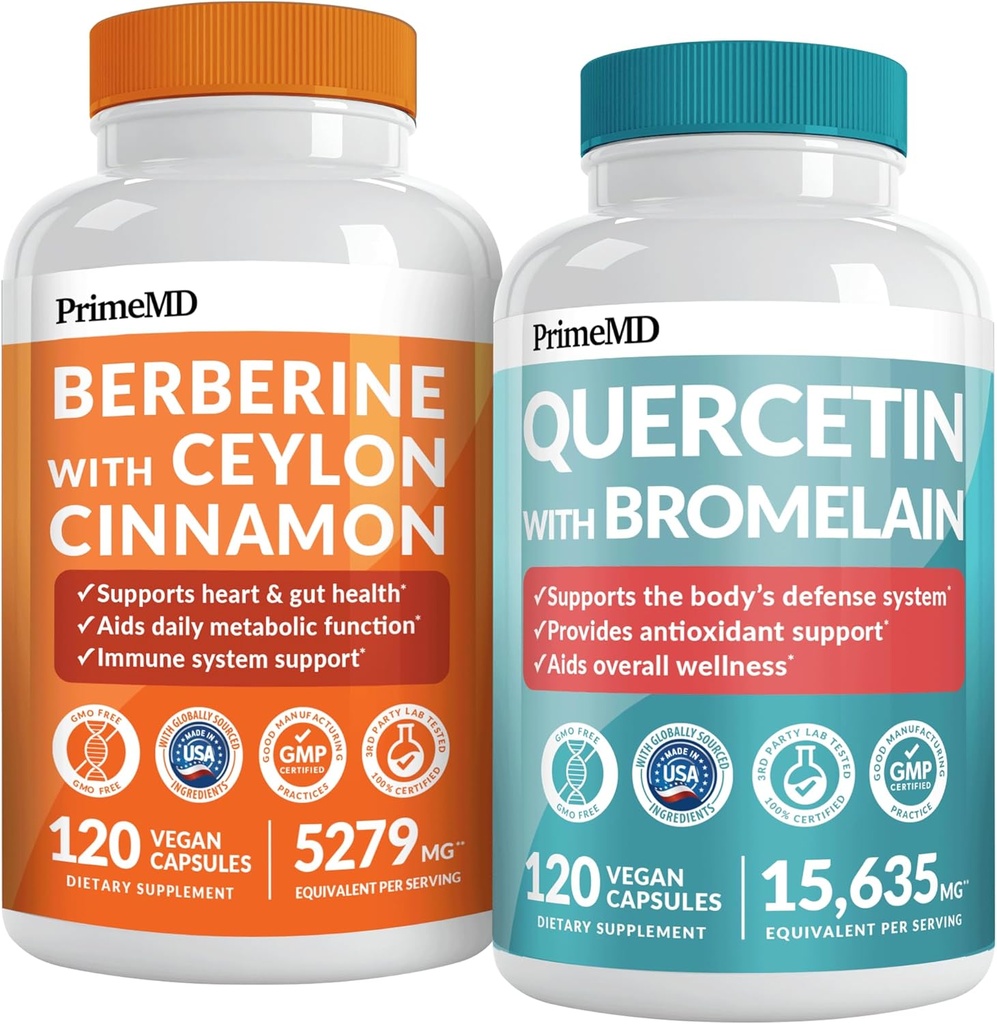 21-em-1 Berberina Suplemento com Crómio de Cinnamo Ceilão, Melão Amargo e Extrato de Chá Verde (120 ct) e 28-em-1 Quercetina com Suplemento de Bromelaína para Apoio de Defesa Imune (120 ct)